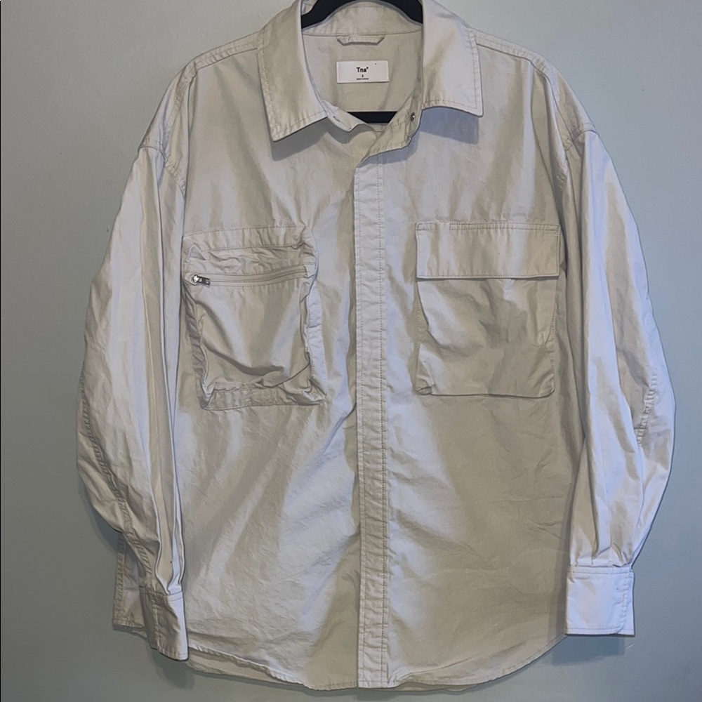 Aritzia TNA Bel Air Utility Plus Size 100% Cotton Light Gray Button-Up Shirt
